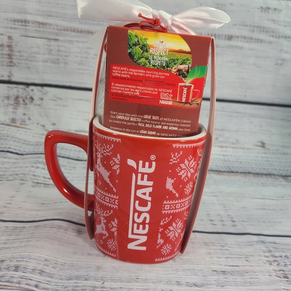 2 Nescafe Red & White Reindeer Cup Mug Coffee Ceramic...